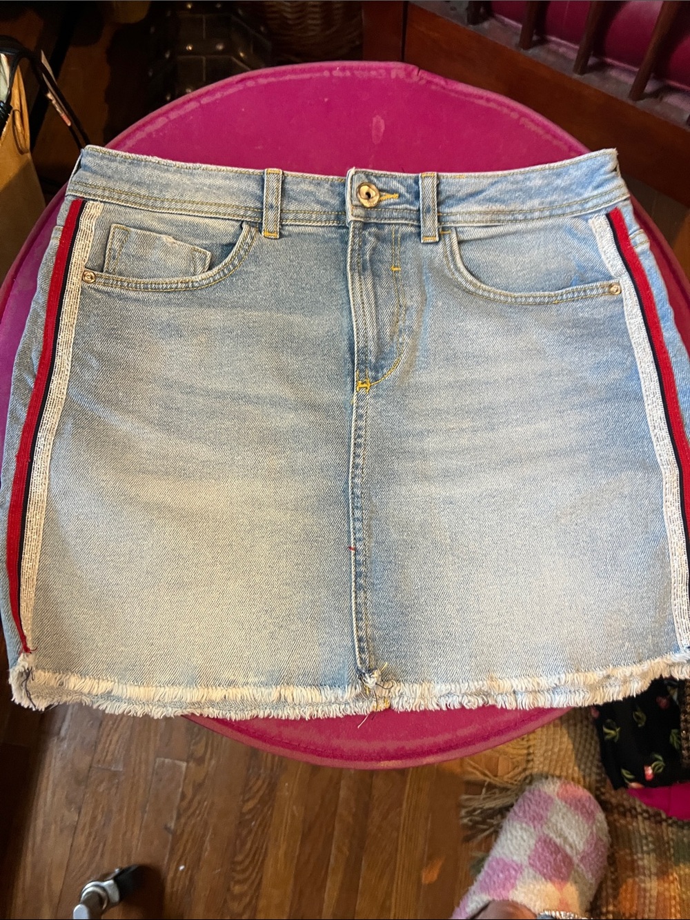 Zara Denim Side Stripe Skirt, raw hem, M